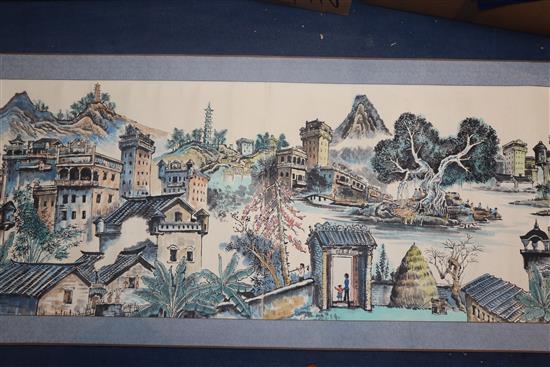 A group of Chinese scroll pictures and a case